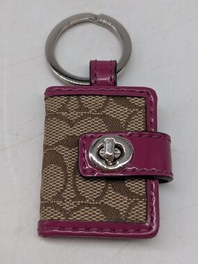 Coach Brown Signature Key chain photo locket with Pink Patent Trim